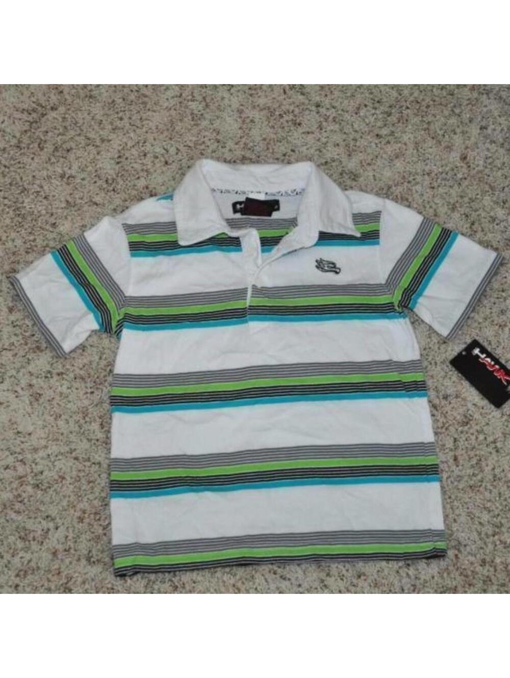 Tony Hawk Polo Shirt Boys 4 Green White Striped Short Sleeve 3 Button Collared